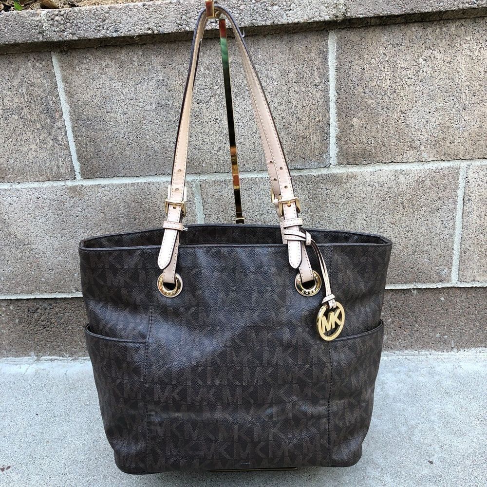 MICHAEL KORS Jet Set Signature Tote Purse Top Shoulder Hand Bag Monogram Brown‍